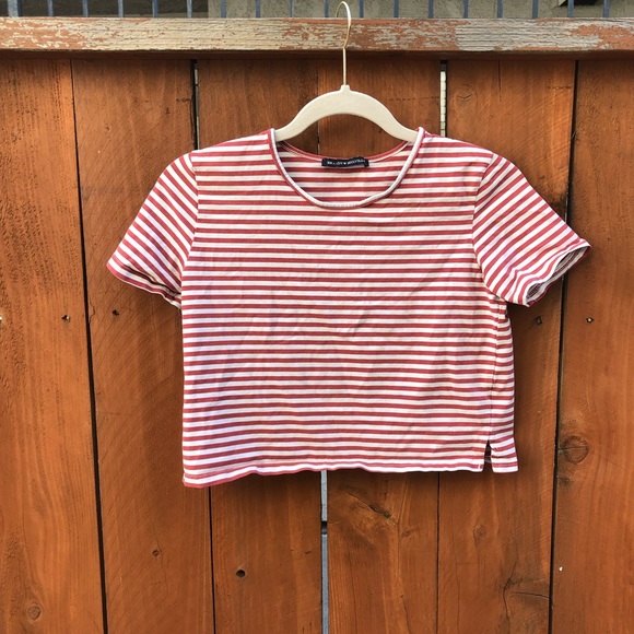 Brandy Melville Tops - Brandy Melville Pink & White Stripe Crop Tee